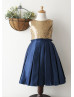 Navy Blue Pleated Satin Gold Sequin Keyhole Back Flower Girl Dress 